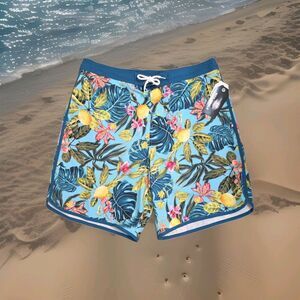 Hot Coals Swim Shorts Men’s L Tropical Lemon Floral Quick Dry UPF 50+ New
